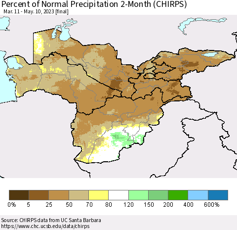 Central Asia Percent of Normal Precipitation 2-Month (CHIRPS) Thematic Map For 3/11/2023 - 5/10/2023