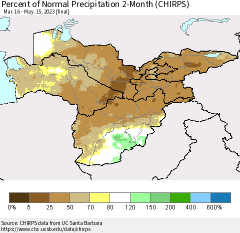 Central Asia Percent of Normal Precipitation 2-Month (CHIRPS) Thematic Map For 3/16/2023 - 5/15/2023