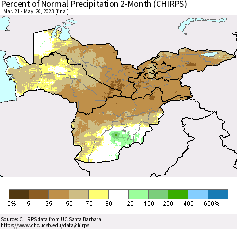 Central Asia Percent of Normal Precipitation 2-Month (CHIRPS) Thematic Map For 3/21/2023 - 5/20/2023