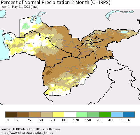 Central Asia Percent of Normal Precipitation 2-Month (CHIRPS) Thematic Map For 4/1/2023 - 5/31/2023