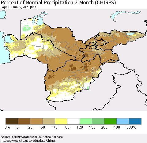 Central Asia Percent of Normal Precipitation 2-Month (CHIRPS) Thematic Map For 4/6/2023 - 6/5/2023