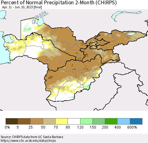 Central Asia Percent of Normal Precipitation 2-Month (CHIRPS) Thematic Map For 4/11/2023 - 6/10/2023
