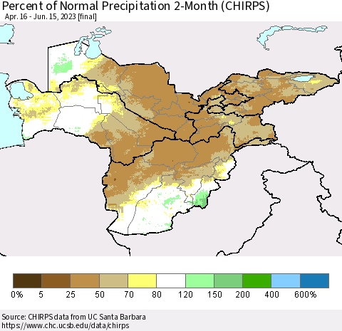 Central Asia Percent of Normal Precipitation 2-Month (CHIRPS) Thematic Map For 4/16/2023 - 6/15/2023