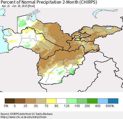 Central Asia Percent of Normal Precipitation 2-Month (CHIRPS) Thematic Map For 4/21/2023 - 6/20/2023