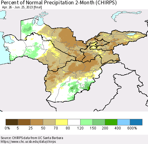 Central Asia Percent of Normal Precipitation 2-Month (CHIRPS) Thematic Map For 4/26/2023 - 6/25/2023
