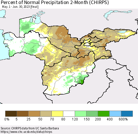 Central Asia Percent of Normal Precipitation 2-Month (CHIRPS) Thematic Map For 5/1/2023 - 6/30/2023