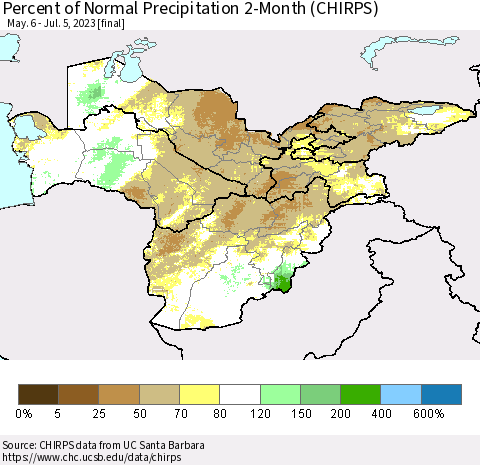 Central Asia Percent of Normal Precipitation 2-Month (CHIRPS) Thematic Map For 5/6/2023 - 7/5/2023