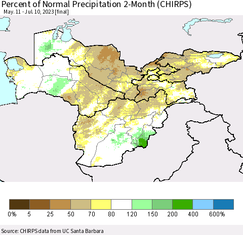Central Asia Percent of Normal Precipitation 2-Month (CHIRPS) Thematic Map For 5/11/2023 - 7/10/2023