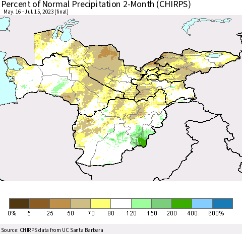 Central Asia Percent of Normal Precipitation 2-Month (CHIRPS) Thematic Map For 5/16/2023 - 7/15/2023