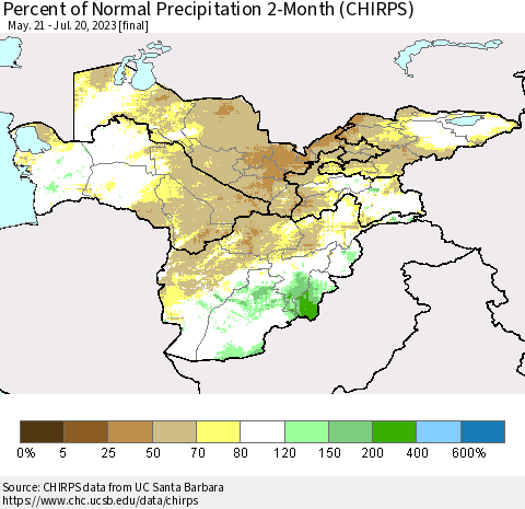 Central Asia Percent of Normal Precipitation 2-Month (CHIRPS) Thematic Map For 5/21/2023 - 7/20/2023