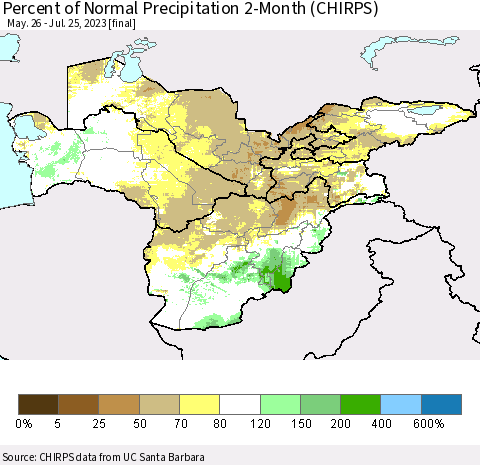 Central Asia Percent of Normal Precipitation 2-Month (CHIRPS) Thematic Map For 5/26/2023 - 7/25/2023