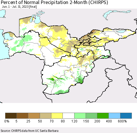 Central Asia Percent of Normal Precipitation 2-Month (CHIRPS) Thematic Map For 6/1/2023 - 7/31/2023