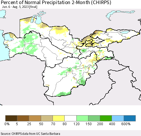 Central Asia Percent of Normal Precipitation 2-Month (CHIRPS) Thematic Map For 6/6/2023 - 8/5/2023