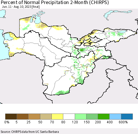Central Asia Percent of Normal Precipitation 2-Month (CHIRPS) Thematic Map For 6/11/2023 - 8/10/2023