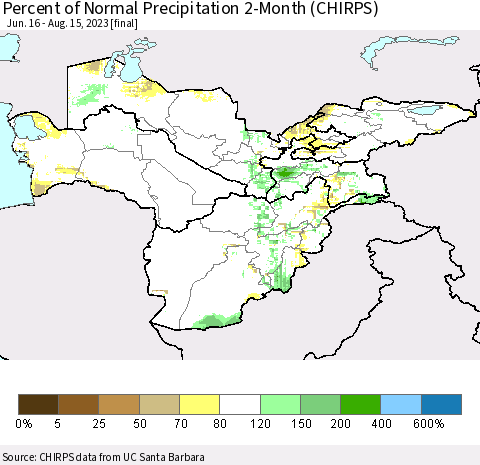 Central Asia Percent of Normal Precipitation 2-Month (CHIRPS) Thematic Map For 6/16/2023 - 8/15/2023