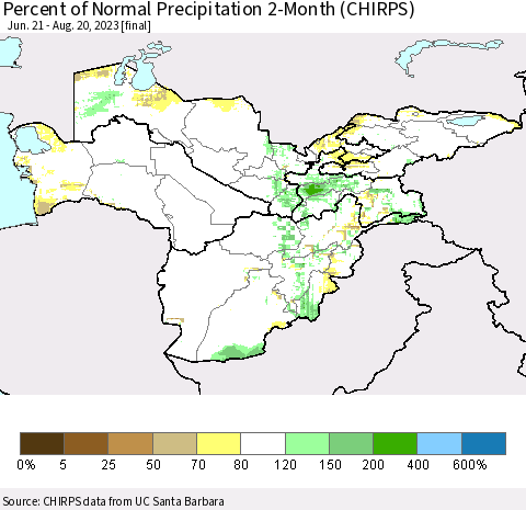 Central Asia Percent of Normal Precipitation 2-Month (CHIRPS) Thematic Map For 6/21/2023 - 8/20/2023
