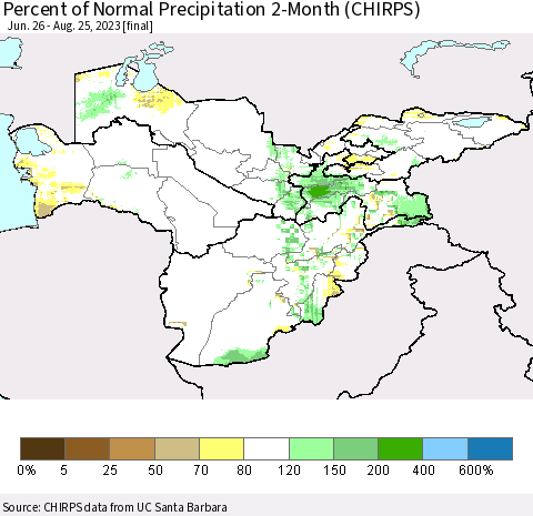 Central Asia Percent of Normal Precipitation 2-Month (CHIRPS) Thematic Map For 6/26/2023 - 8/25/2023