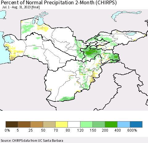 Central Asia Percent of Normal Precipitation 2-Month (CHIRPS) Thematic Map For 7/1/2023 - 8/31/2023