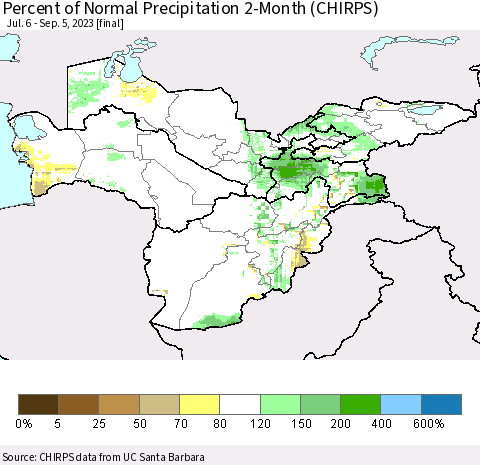 Central Asia Percent of Normal Precipitation 2-Month (CHIRPS) Thematic Map For 7/6/2023 - 9/5/2023
