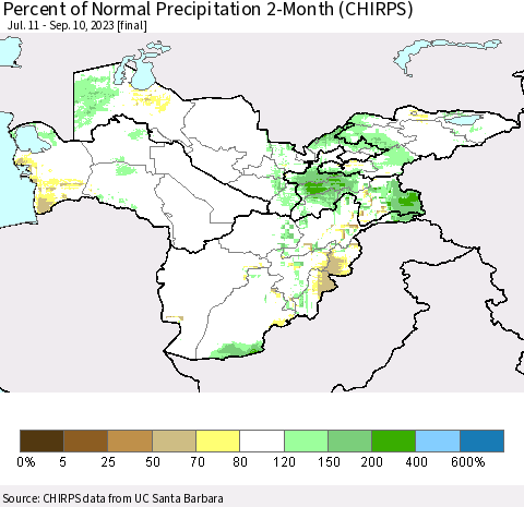 Central Asia Percent of Normal Precipitation 2-Month (CHIRPS) Thematic Map For 7/11/2023 - 9/10/2023