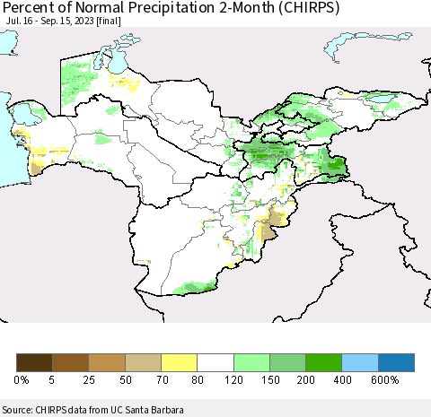 Central Asia Percent of Normal Precipitation 2-Month (CHIRPS) Thematic Map For 7/16/2023 - 9/15/2023