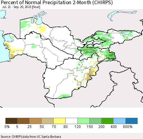 Central Asia Percent of Normal Precipitation 2-Month (CHIRPS) Thematic Map For 7/21/2023 - 9/20/2023
