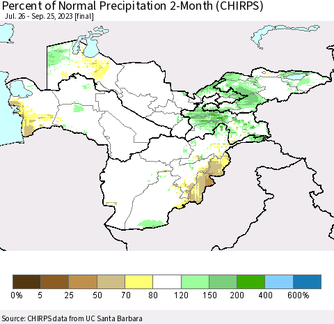 Central Asia Percent of Normal Precipitation 2-Month (CHIRPS) Thematic Map For 7/26/2023 - 9/25/2023