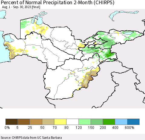 Central Asia Percent of Normal Precipitation 2-Month (CHIRPS) Thematic Map For 8/1/2023 - 9/30/2023