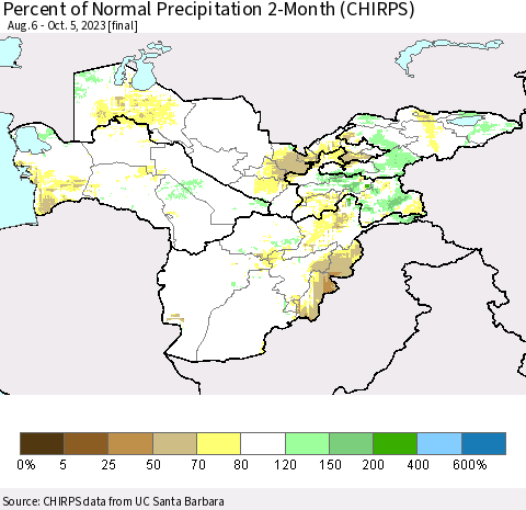 Central Asia Percent of Normal Precipitation 2-Month (CHIRPS) Thematic Map For 8/6/2023 - 10/5/2023
