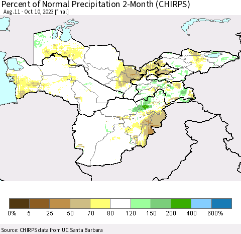 Central Asia Percent of Normal Precipitation 2-Month (CHIRPS) Thematic Map For 8/11/2023 - 10/10/2023