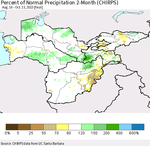 Central Asia Percent of Normal Precipitation 2-Month (CHIRPS) Thematic Map For 8/16/2023 - 10/15/2023
