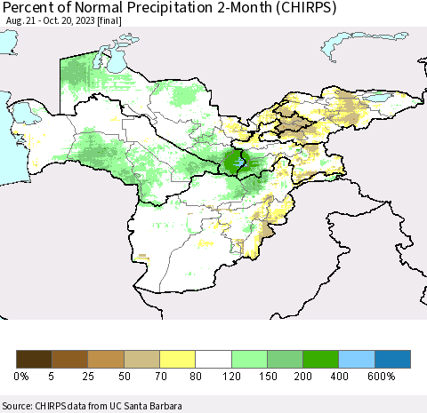 Central Asia Percent of Normal Precipitation 2-Month (CHIRPS) Thematic Map For 8/21/2023 - 10/20/2023