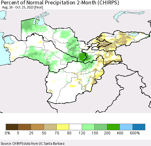Central Asia Percent of Normal Precipitation 2-Month (CHIRPS) Thematic Map For 8/26/2023 - 10/25/2023