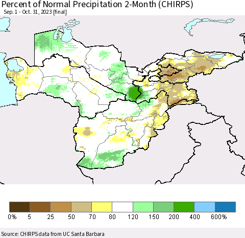 Central Asia Percent of Normal Precipitation 2-Month (CHIRPS) Thematic Map For 9/1/2023 - 10/31/2023