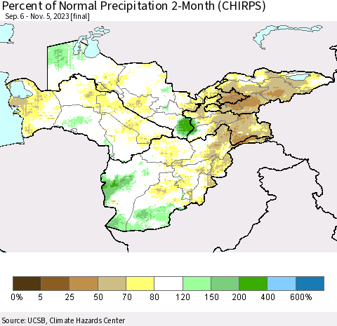 Central Asia Percent of Normal Precipitation 2-Month (CHIRPS) Thematic Map For 9/6/2023 - 11/5/2023