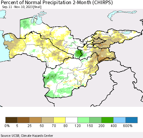 Central Asia Percent of Normal Precipitation 2-Month (CHIRPS) Thematic Map For 9/11/2023 - 11/10/2023