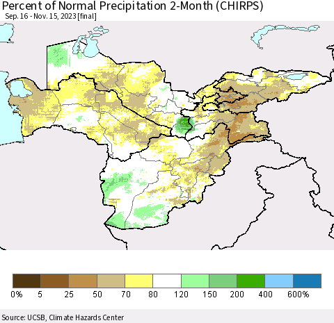 Central Asia Percent of Normal Precipitation 2-Month (CHIRPS) Thematic Map For 9/16/2023 - 11/15/2023