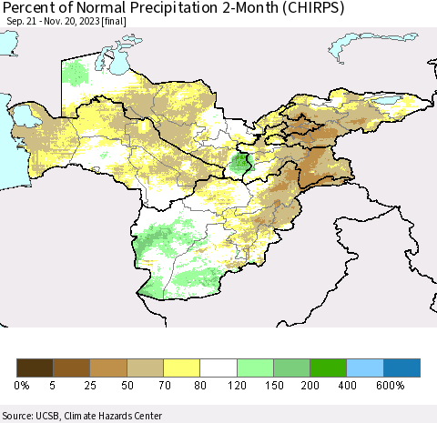 Central Asia Percent of Normal Precipitation 2-Month (CHIRPS) Thematic Map For 9/21/2023 - 11/20/2023