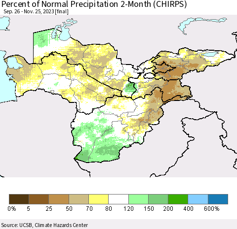 Central Asia Percent of Normal Precipitation 2-Month (CHIRPS) Thematic Map For 9/26/2023 - 11/25/2023