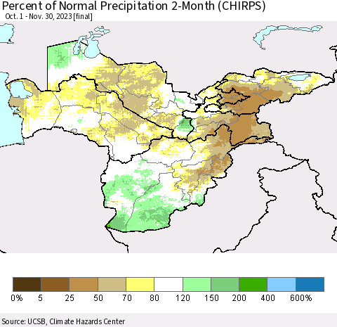 Central Asia Percent of Normal Precipitation 2-Month (CHIRPS) Thematic Map For 10/1/2023 - 11/30/2023