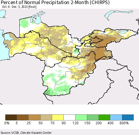 Central Asia Percent of Normal Precipitation 2-Month (CHIRPS) Thematic Map For 10/6/2023 - 12/5/2023