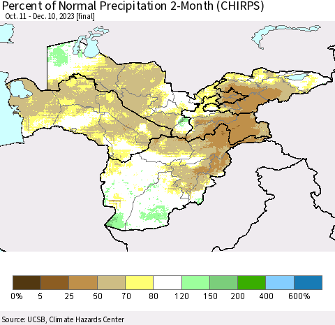 Central Asia Percent of Normal Precipitation 2-Month (CHIRPS) Thematic Map For 10/11/2023 - 12/10/2023