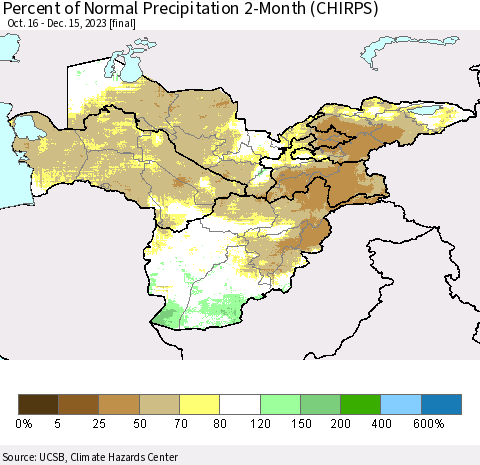 Central Asia Percent of Normal Precipitation 2-Month (CHIRPS) Thematic Map For 10/16/2023 - 12/15/2023