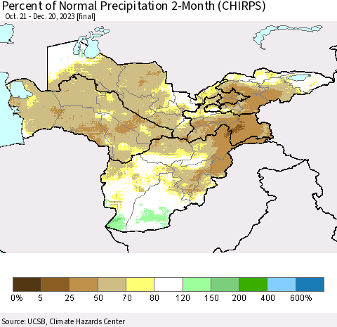 Central Asia Percent of Normal Precipitation 2-Month (CHIRPS) Thematic Map For 10/21/2023 - 12/20/2023