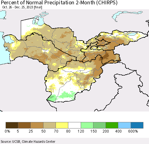 Central Asia Percent of Normal Precipitation 2-Month (CHIRPS) Thematic Map For 10/26/2023 - 12/25/2023