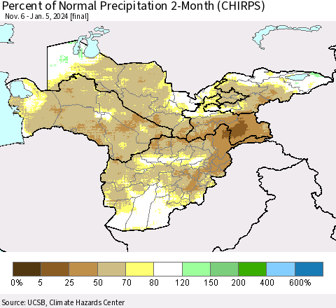 Central Asia Percent of Normal Precipitation 2-Month (CHIRPS) Thematic Map For 11/6/2023 - 1/5/2024