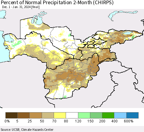 Central Asia Percent of Normal Precipitation 2-Month (CHIRPS) Thematic Map For 12/1/2023 - 1/31/2024