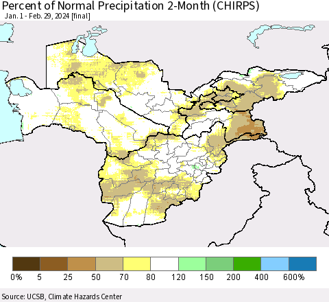 Central Asia Percent of Normal Precipitation 2-Month (CHIRPS) Thematic Map For 1/1/2024 - 2/29/2024