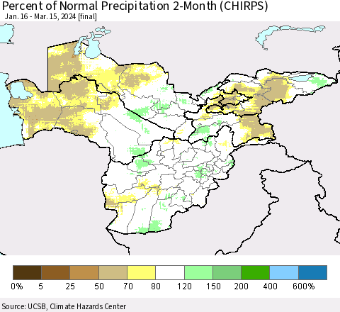 Central Asia Percent of Normal Precipitation 2-Month (CHIRPS) Thematic Map For 1/16/2024 - 3/15/2024