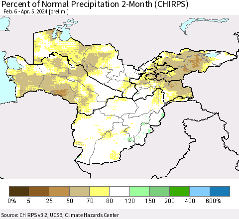 Central Asia Percent of Normal Precipitation 2-Month (CHIRPS) Thematic Map For 2/6/2024 - 4/5/2024